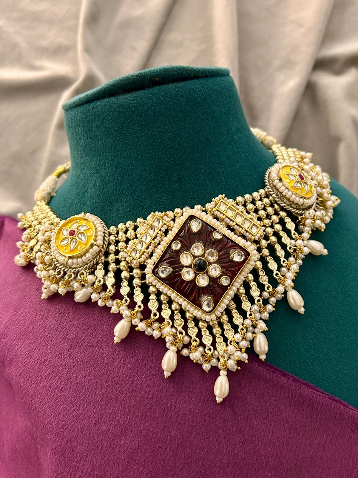 Royal Red & Yellow Kundan Pearl Choker Necklace Set